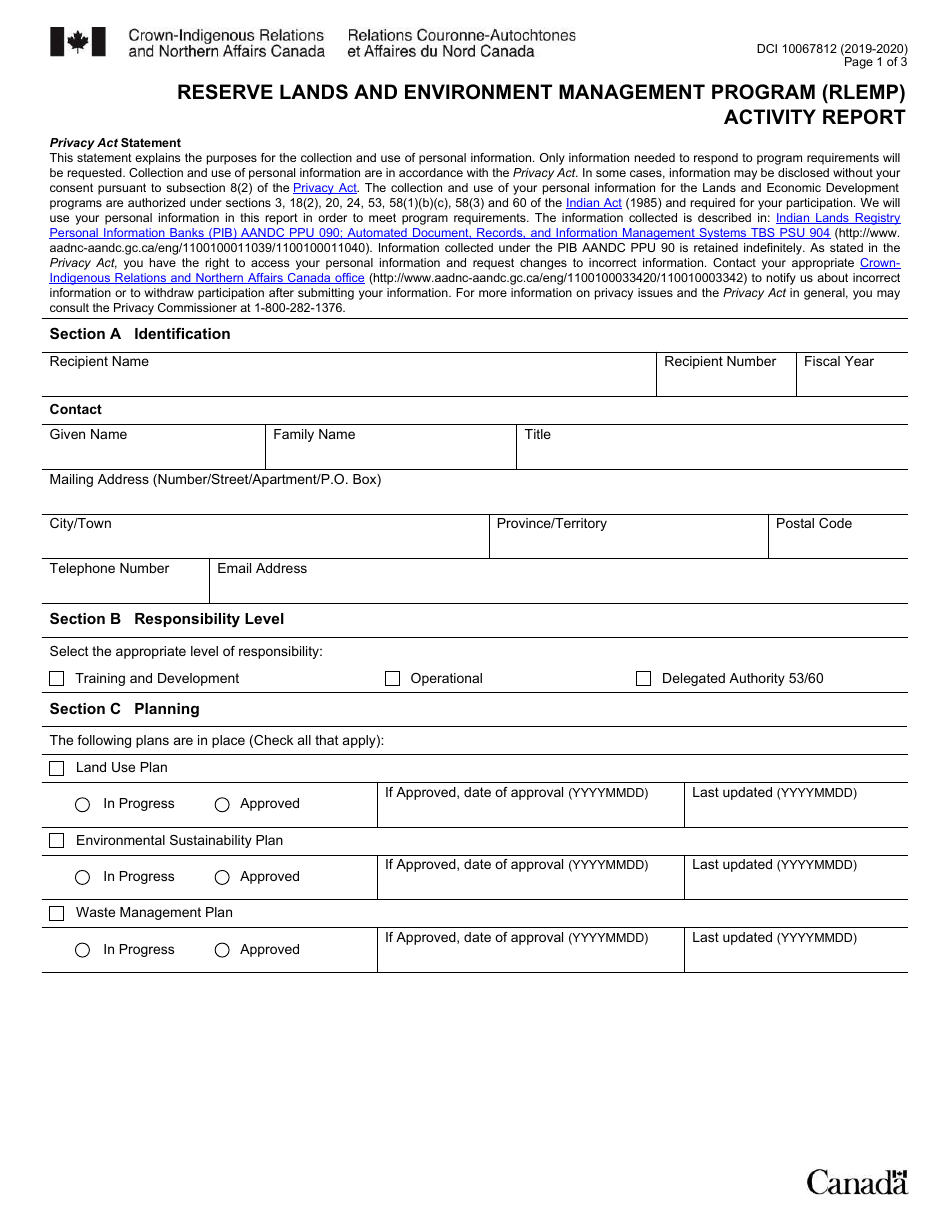 Form DCI10067812 Reserve Lands and Environment Management Program (Rlemp) Activity Report - Canada, Page 1