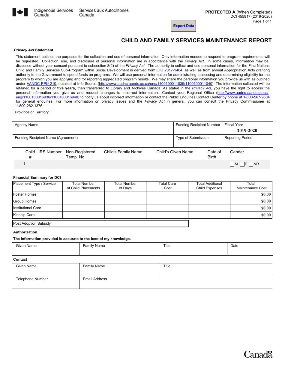 Form DCI455917 Child and Family Services Maintenance Report - Canada, Page 1