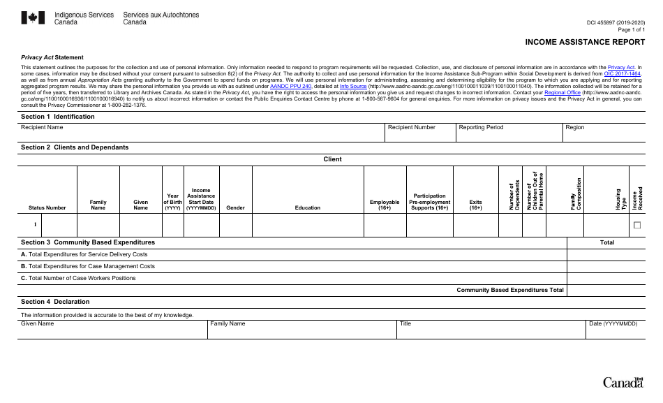 Form DCI455897 Income Assistance Report - Canada, Page 1
