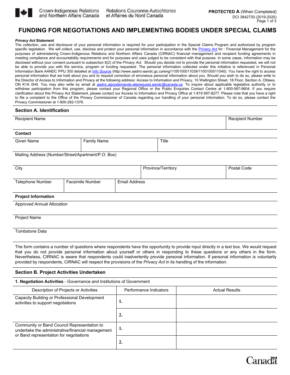 Form DCI3842730 Funding for Negotiations and Implementing Bodies Under Special Claims - Canada, Page 1