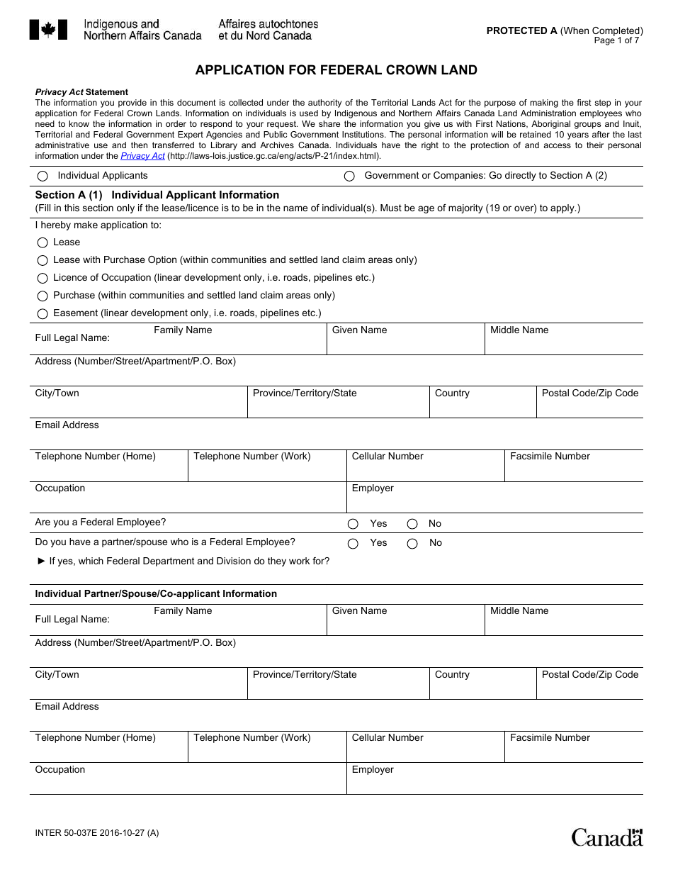 Form INTER50-037 E Application for Federal Crown Land - Canada, Page 1