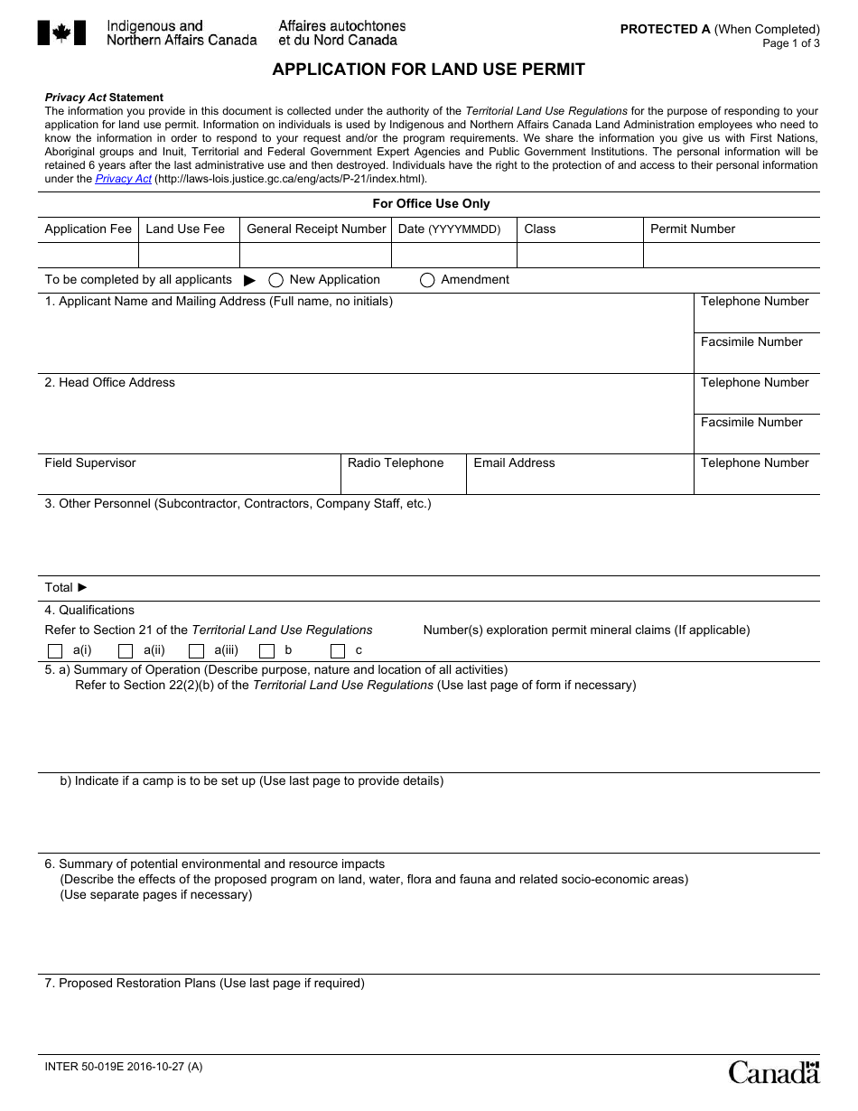 Form INTER50-019E Application for Land Use Permit - Canada, Page 1