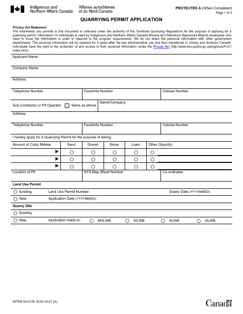 Form INTER50-017 E Quarrying Permit Application - Canada