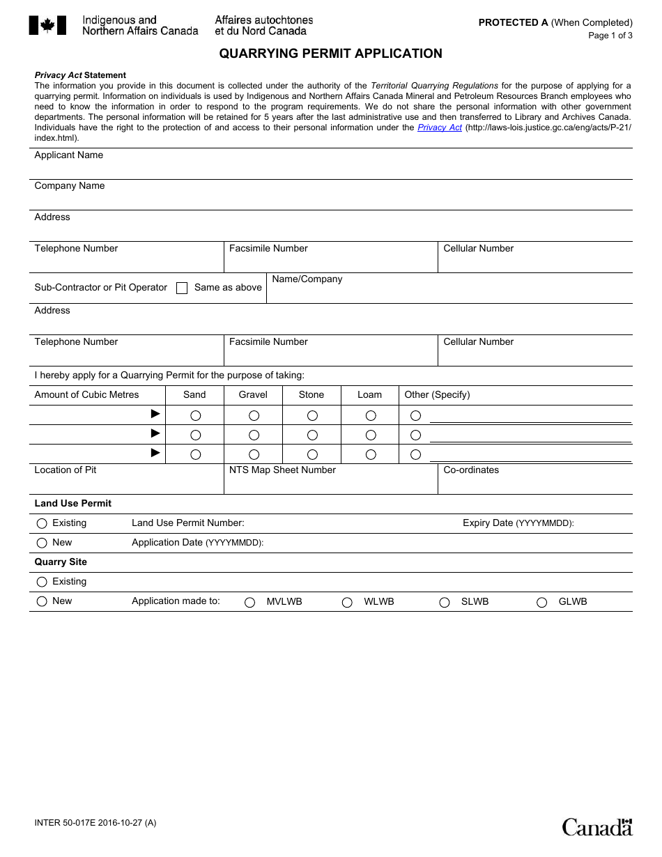Form INTER50-017 E Quarrying Permit Application - Canada, Page 1