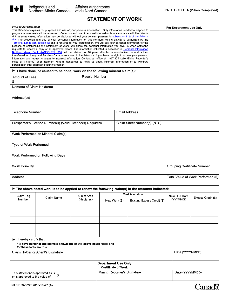 Form INTER50-009E Statement of Work - Canada, Page 1