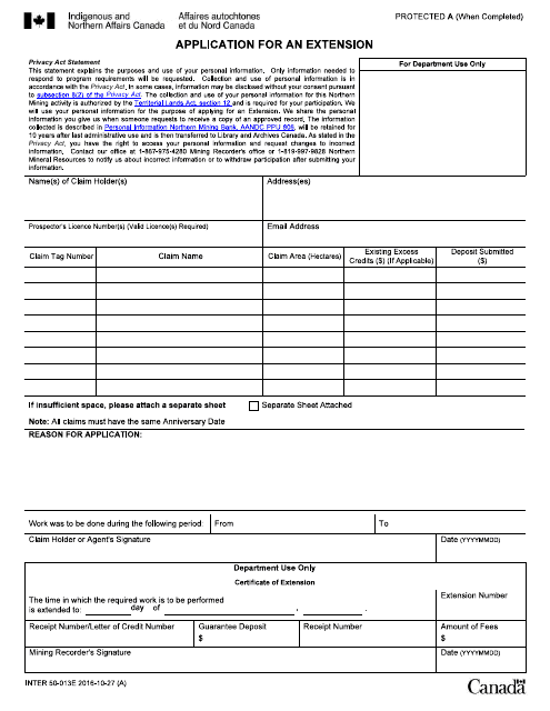 Form INTER50-013E Application for an Extension - Canada