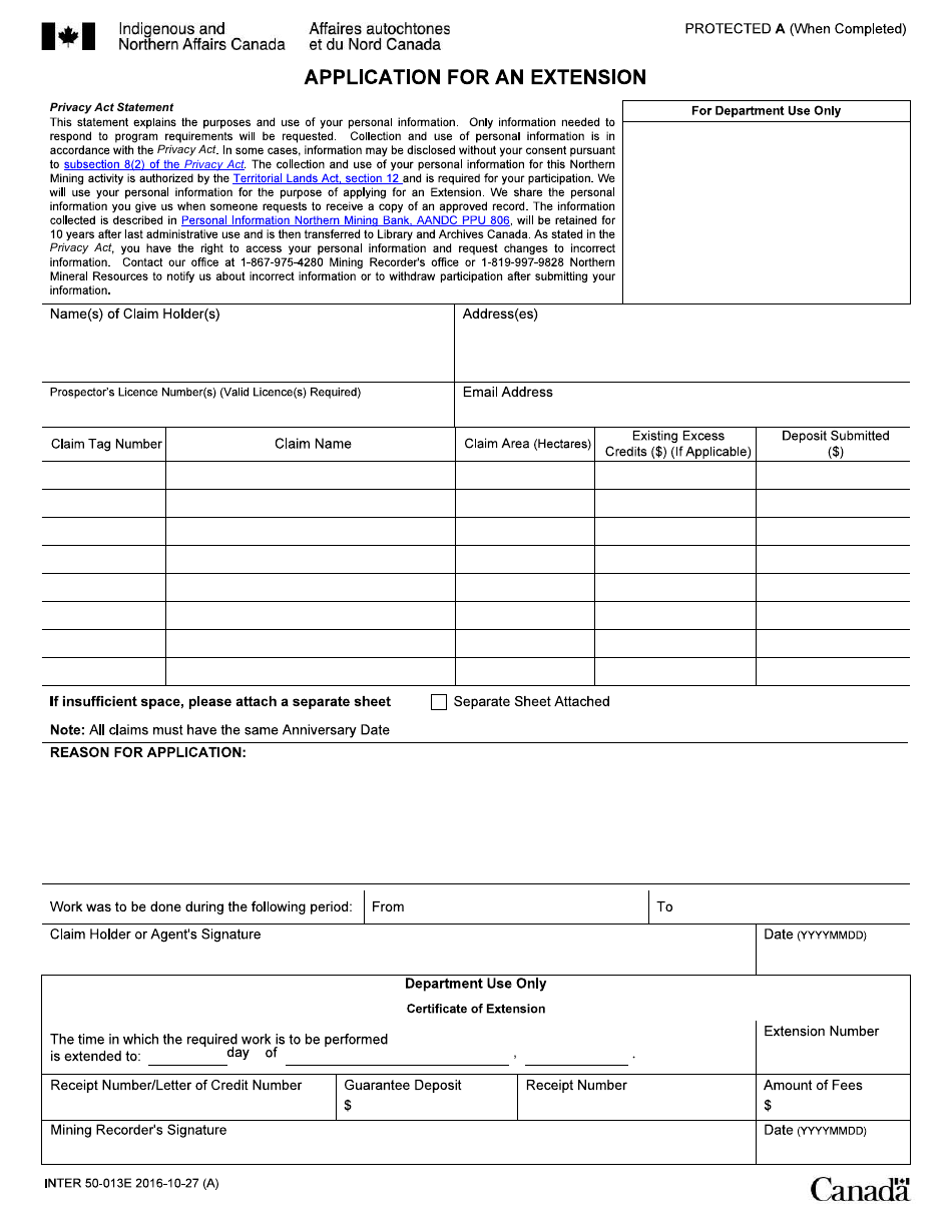 Form INTER50-013E Application for an Extension - Canada, Page 1