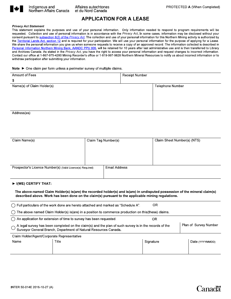 Form INTER50-014E Application for a Lease - Canada, Page 1