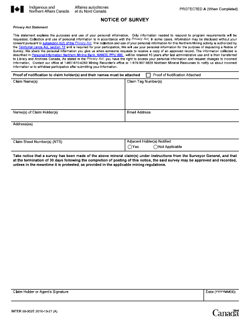 Form INTER50-002E Notice of Survey - Canada