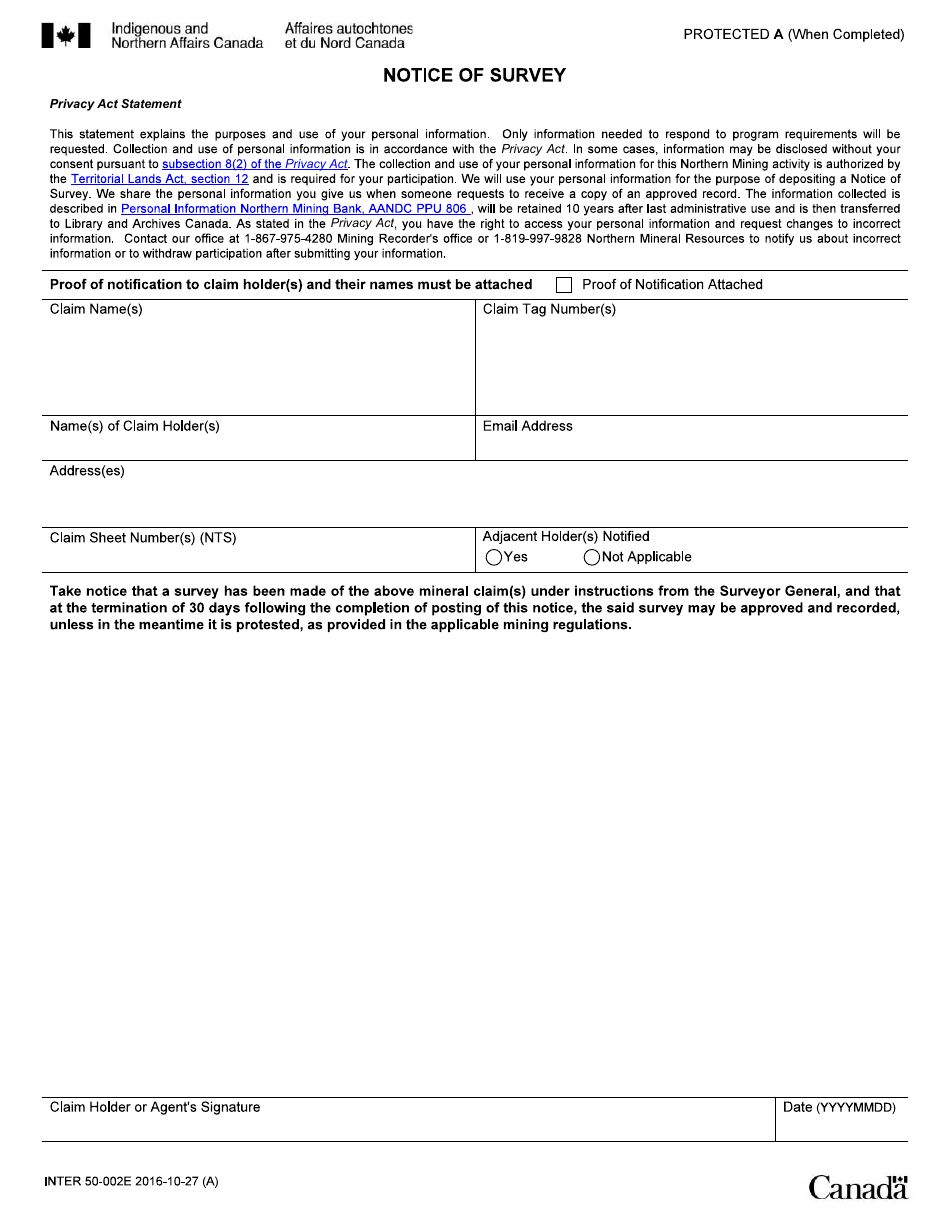 Form INTER50-002E Notice of Survey - Canada, Page 1