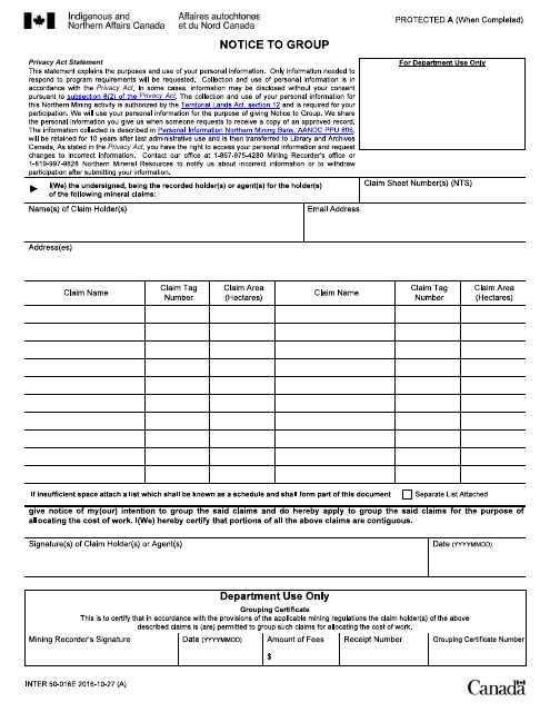 Form INTER50-016E Notice to Group - Canada
