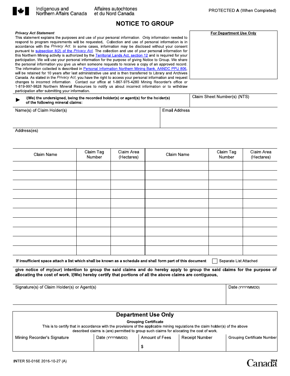 Form INTER50-016E Notice to Group - Canada, Page 1