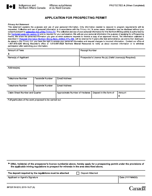 Form INTER50-021E Application for Prospecting Permit - Canada