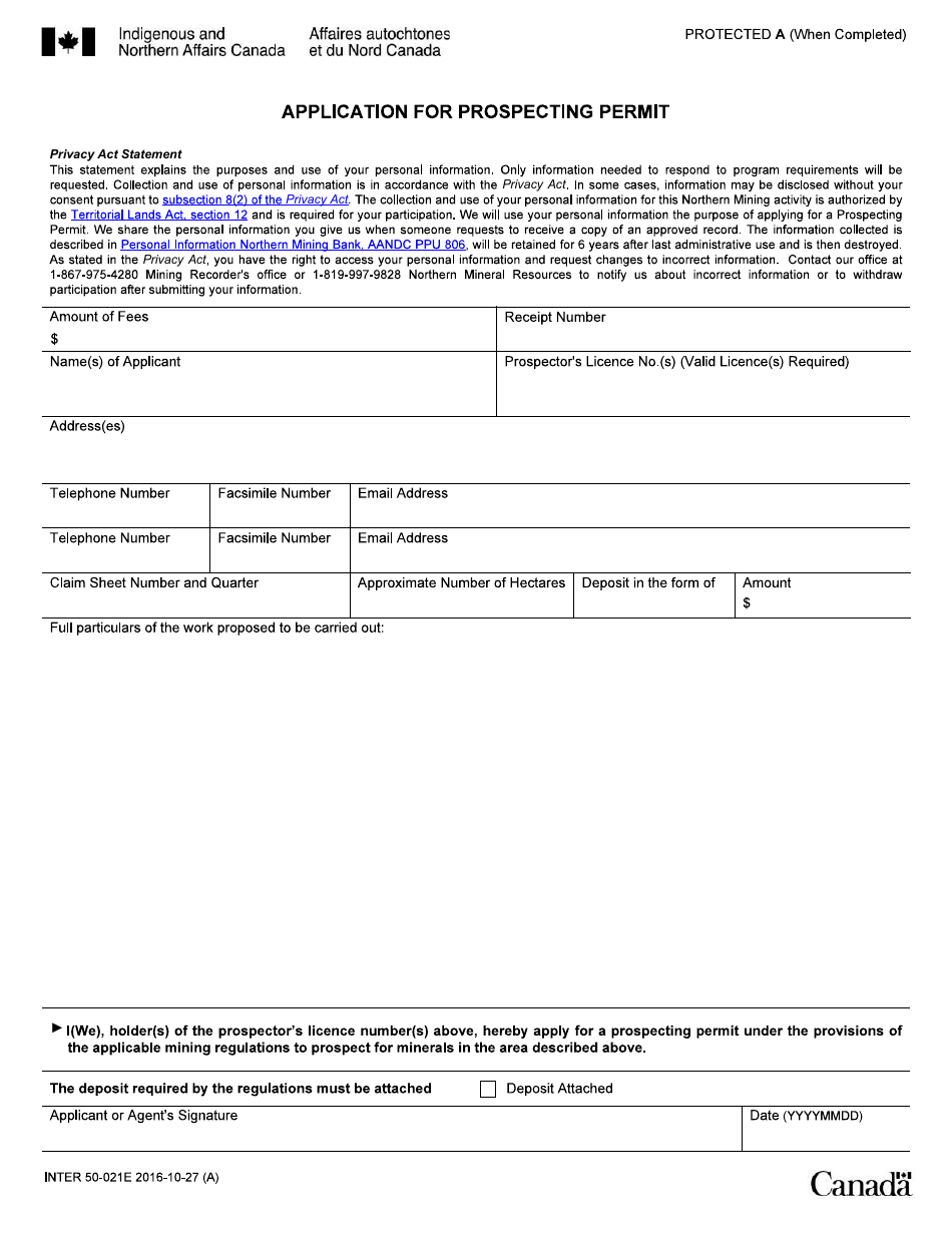 Form INTER50-021E Application for Prospecting Permit - Canada, Page 1