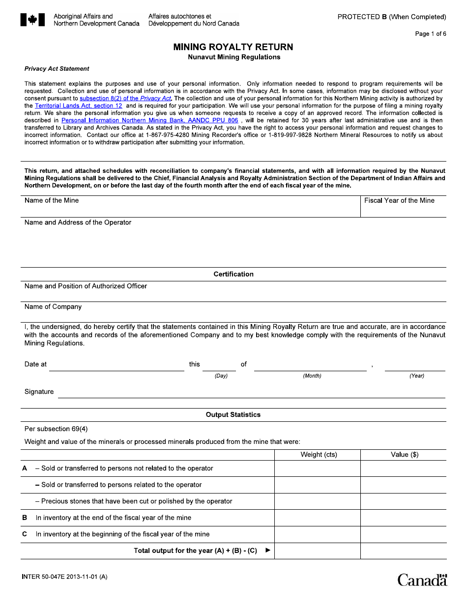 Form INTER50-047E Mining Royalty Return - Canada, Page 1