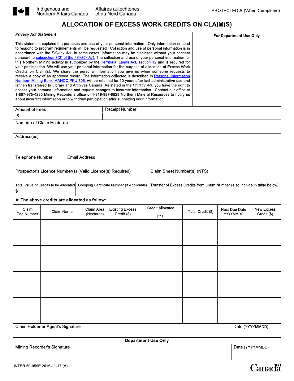 Form INTER50-056E Allocation of Excess Work Credits on Claim(S) - Canada, Page 1