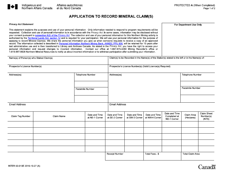Form INTER50-010E Application to Record Mineral Claim(S) - Canada, Page 1