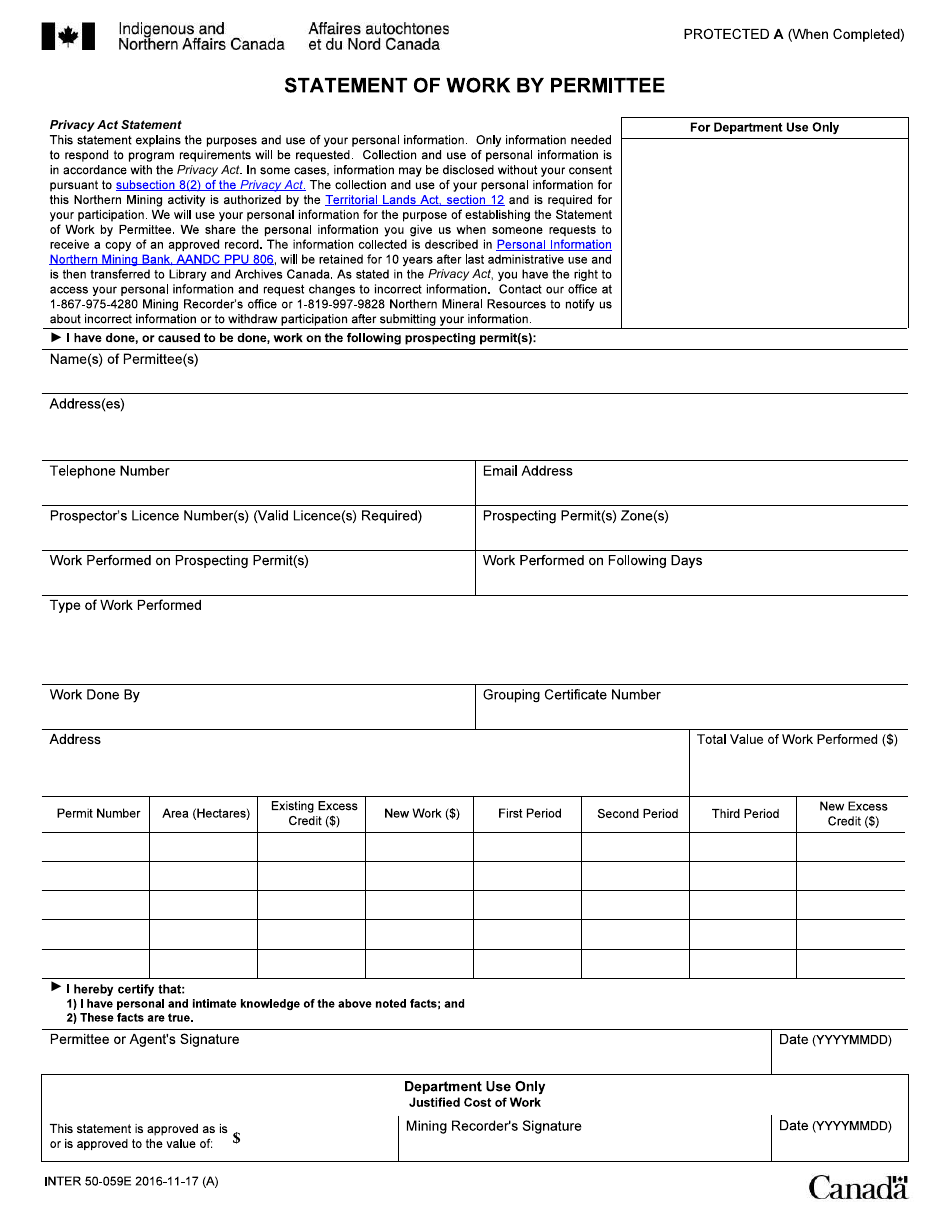 Form INTER50-059E Statement of Work by Permittee - Canada, Page 1
