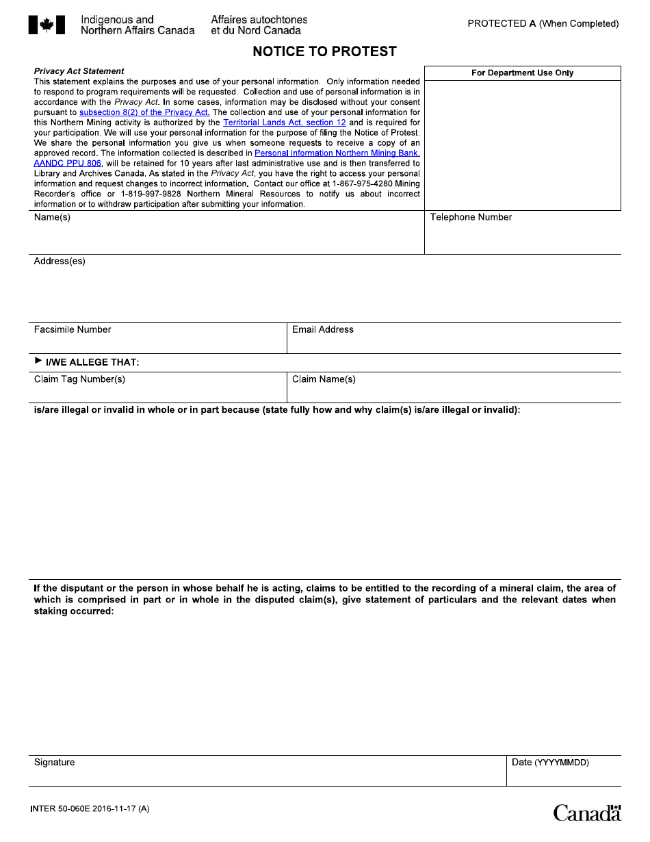 Form INTER50-060E Notice to Protest - Canada, Page 1