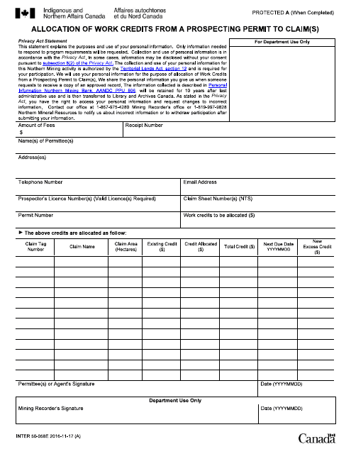 Form INTER50-058E Allocation of Work Credits From a Prospecting Permit to Claim(S) - Canada