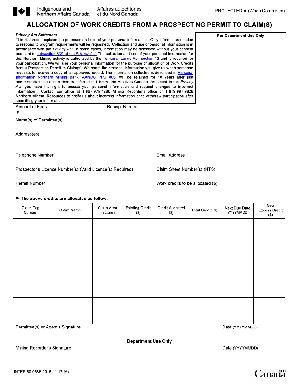 Form INTER50-058E Allocation of Work Credits From a Prospecting Permit to Claim(S) - Canada, Page 1
