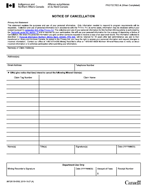 Form INTER50-050E Notice of Cancellation - Canada