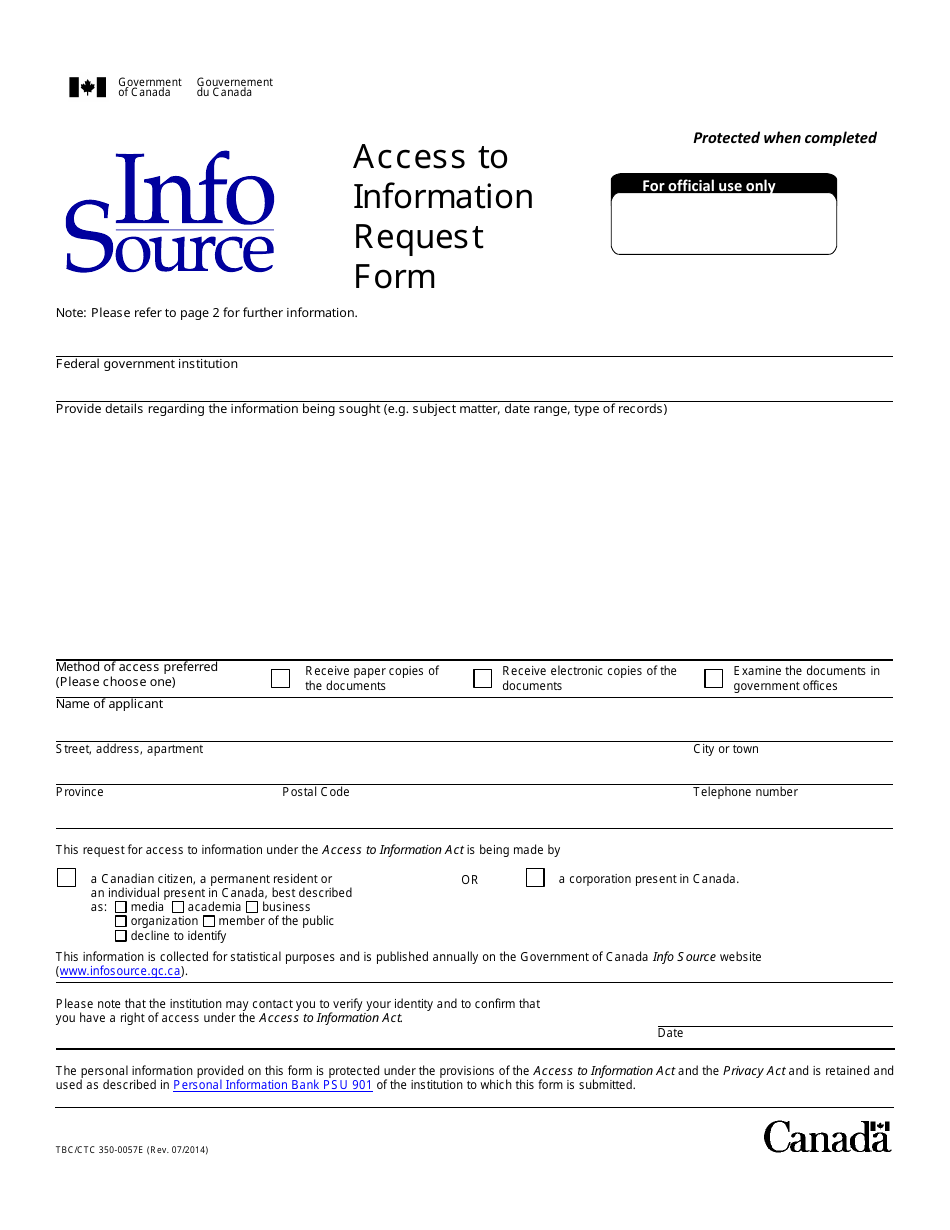 Form TBC/CTC350-0057 Access to Information Request Form - Canada, Page 1