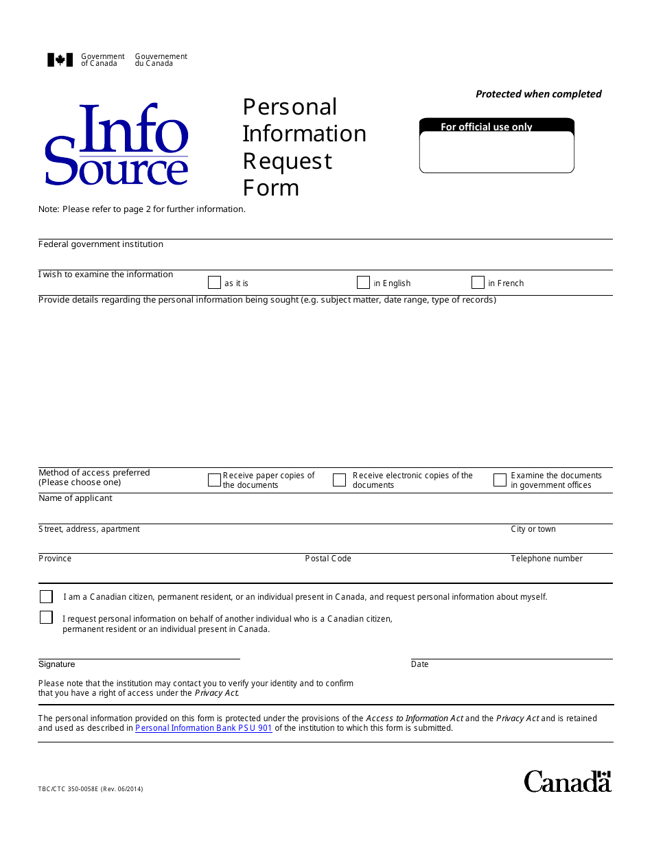 Form TBC / CTC350-0058 Personal Information Request Form - Canada, Page 1