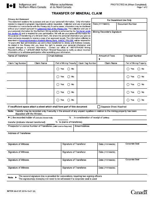 Form INTER50-012E Transfer of Mineral Claim - Canada
