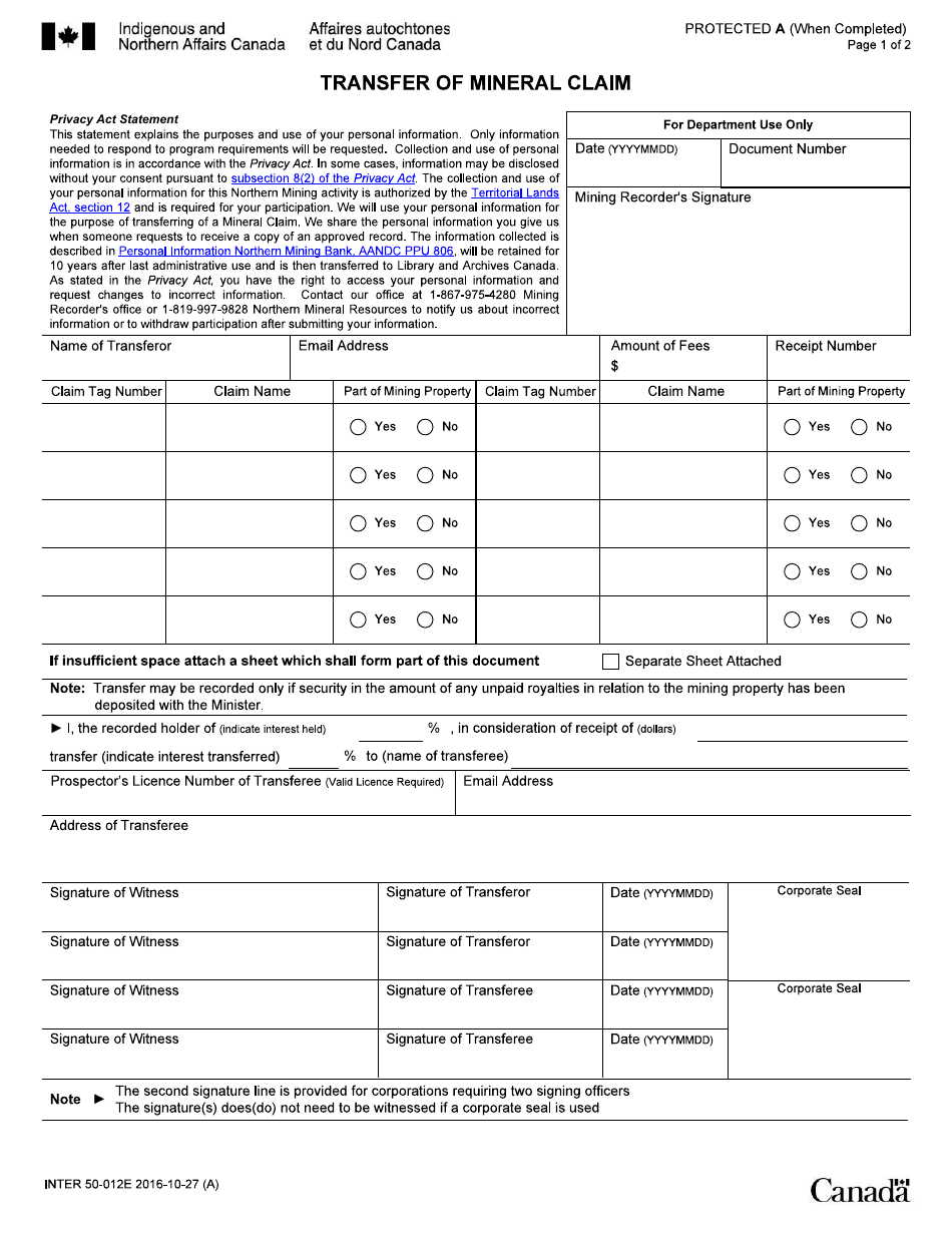 Form INTER50-012E Transfer of Mineral Claim - Canada, Page 1