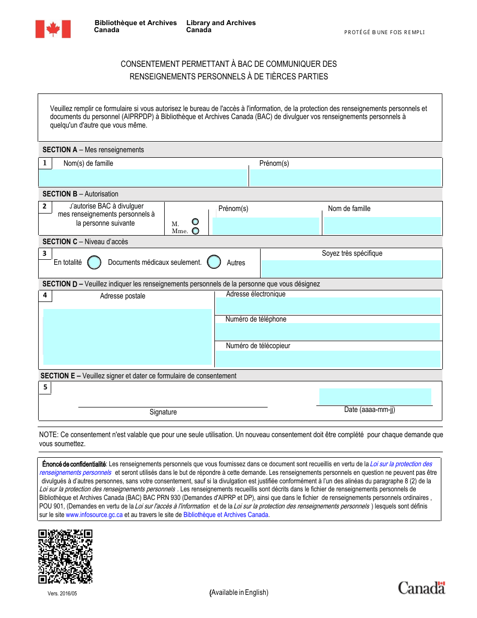 Consent for Library and Archives Canada to Disclosure Personal Information to a Third Party - Canada (English / French), Page 2