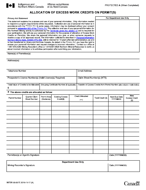 Form INTER50-057E Allocation of Excess Work Credits on Permit(S) - Canada