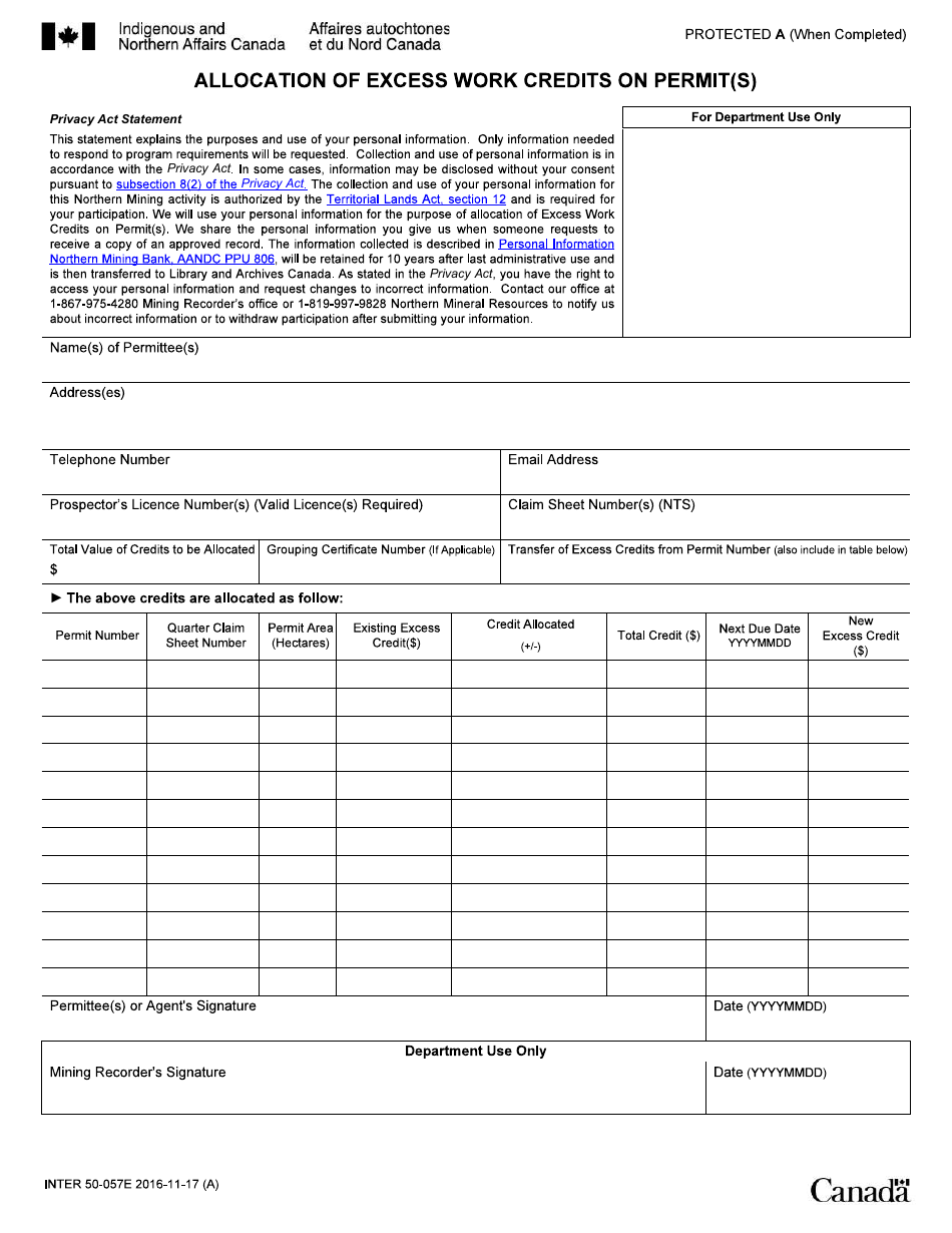 Form INTER50-057E Allocation of Excess Work Credits on Permit(S) - Canada, Page 1