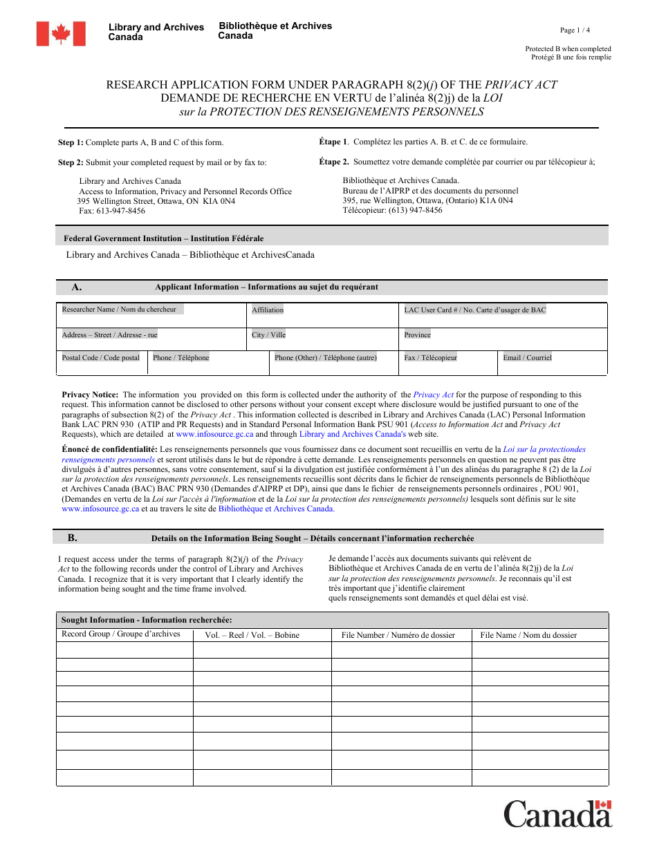 Research Application Form Under Paragraph 8(2)(J) of the Privacy Act - Canada (English / French), Page 1