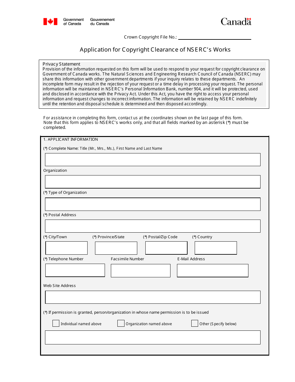 Canada Application for Copyright Clearance of Nserc's Works Fill Out, Sign Online and Download