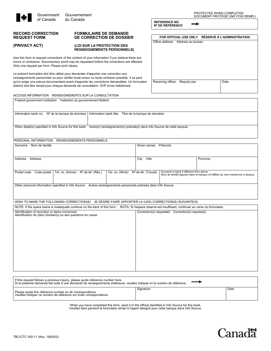Form TBC / CTC350-11 Record Correction Request Form - Canada (English / French), Page 1