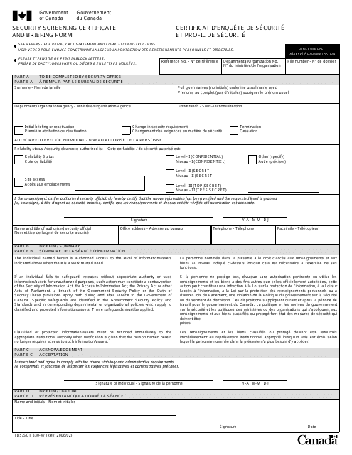 Form TBS/SCT330-47 Security Screening Certificate and Briefing Form - Canada (English/French)