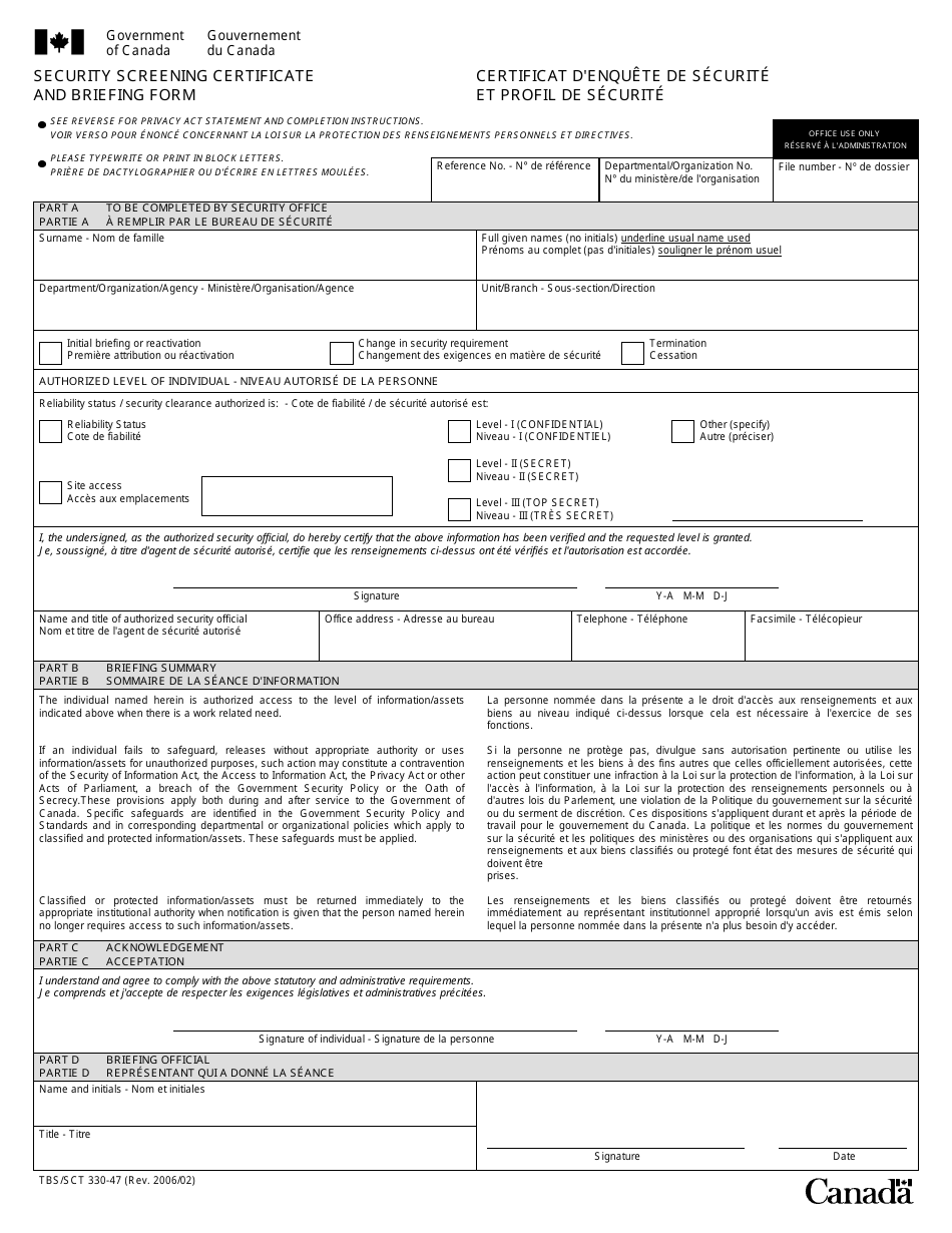 Form TBS / SCT330-47 Security Screening Certificate and Briefing Form - Canada (English / French), Page 1
