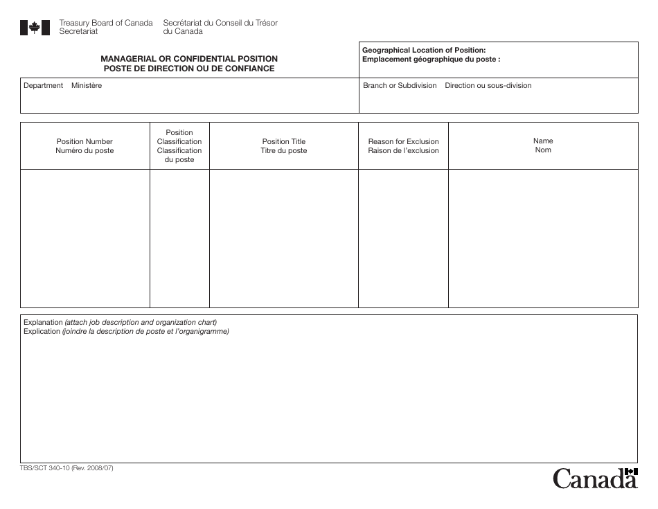 Form TBS / SCT340-10 Managerial or Confidential Position - Canada (English / French), Page 1