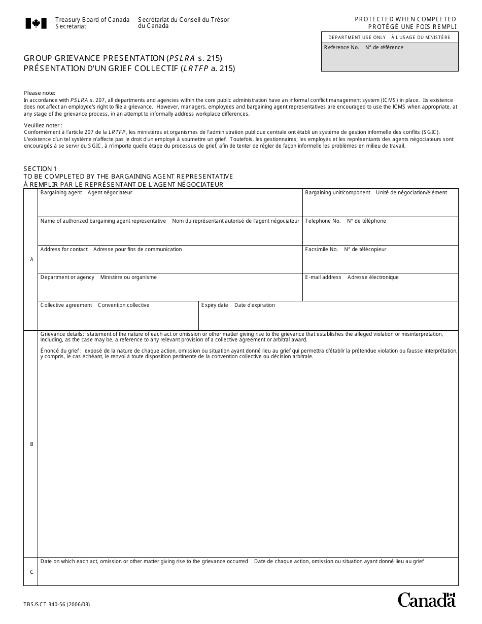 Form TBS / SCT340-56 Group Grievance Presentation (Pslra S. 215) - Canada (English / French), Page 1