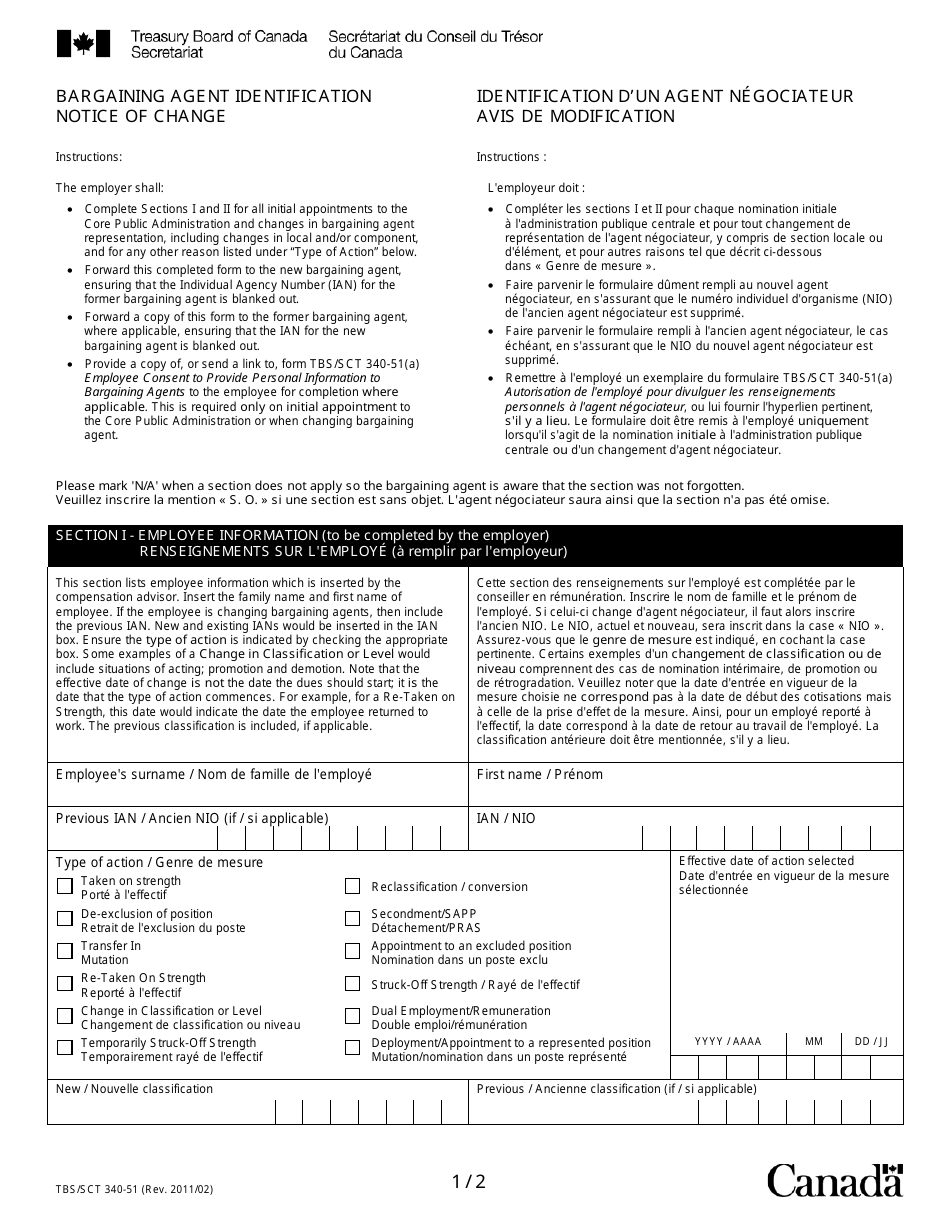 Form TBS / SCT340-51 Bargaining Agent Identification Notice of Change - Canada (English / French), Page 1