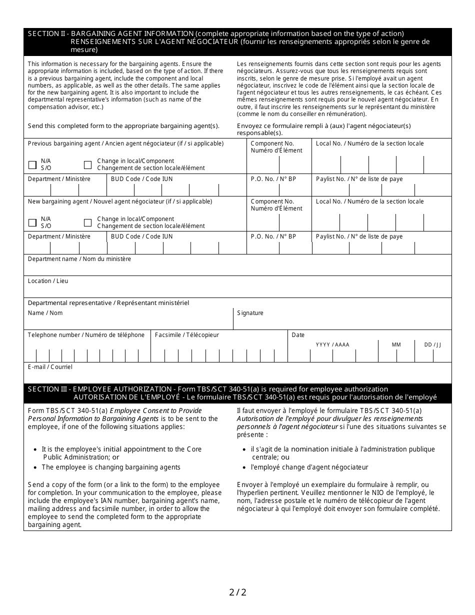 Form TBS / SCT340-51 Bargaining Agent Identification Notice of Change - Canada (English / French), Page 2