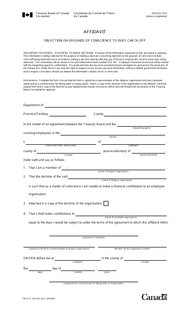 Form TBS/SCT340-52 Affidavit - Objection on Grounds of Conscience to Dues Check-Off - Canada