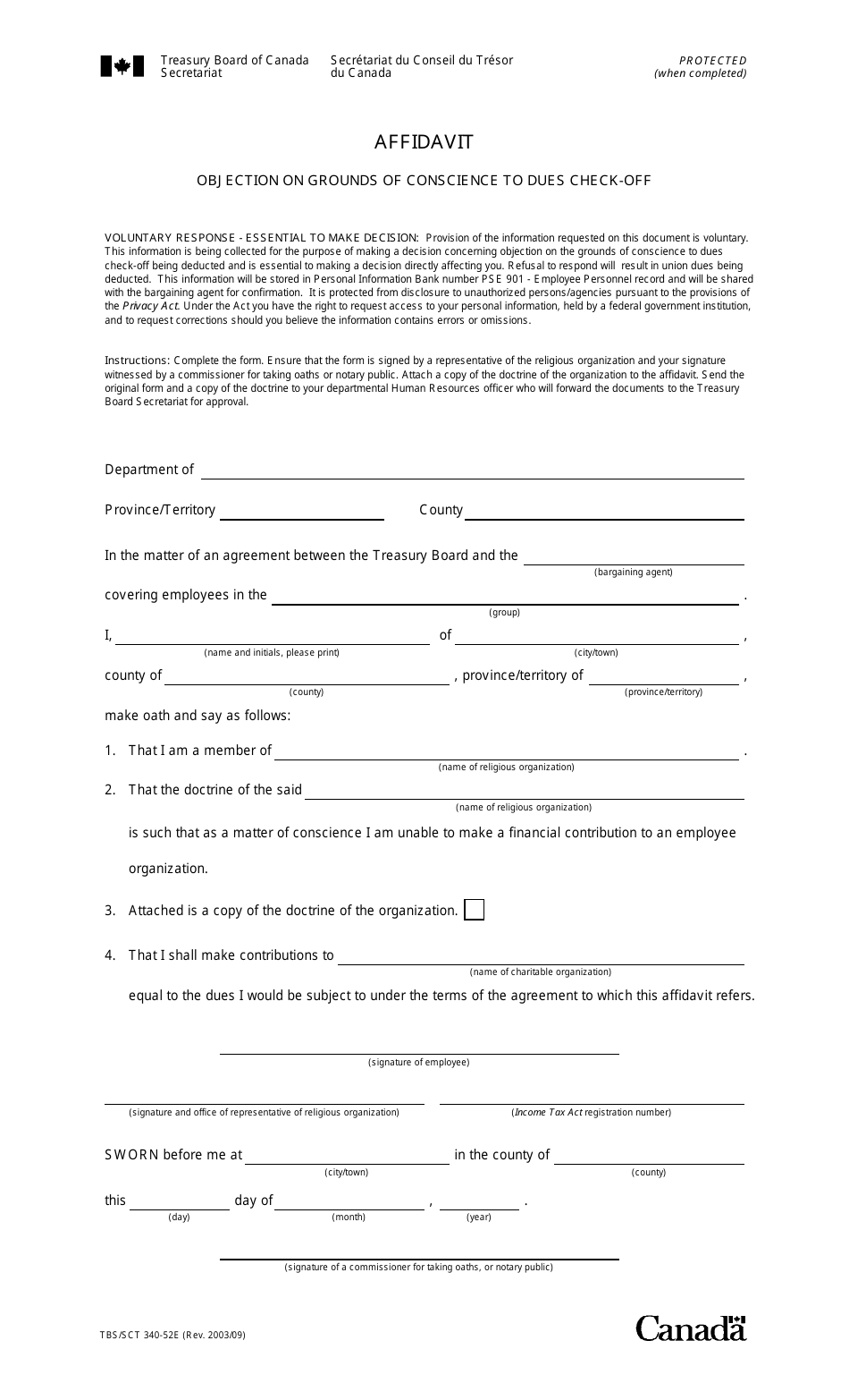 Form TBS / SCT340-52 Affidavit - Objection on Grounds of Conscience to Dues Check-Off - Canada, Page 1