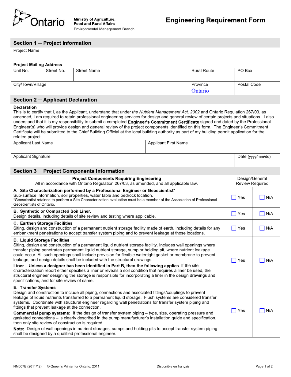 Form NM007E Engineering Requirement Form - Ontario, Canada, Page 1