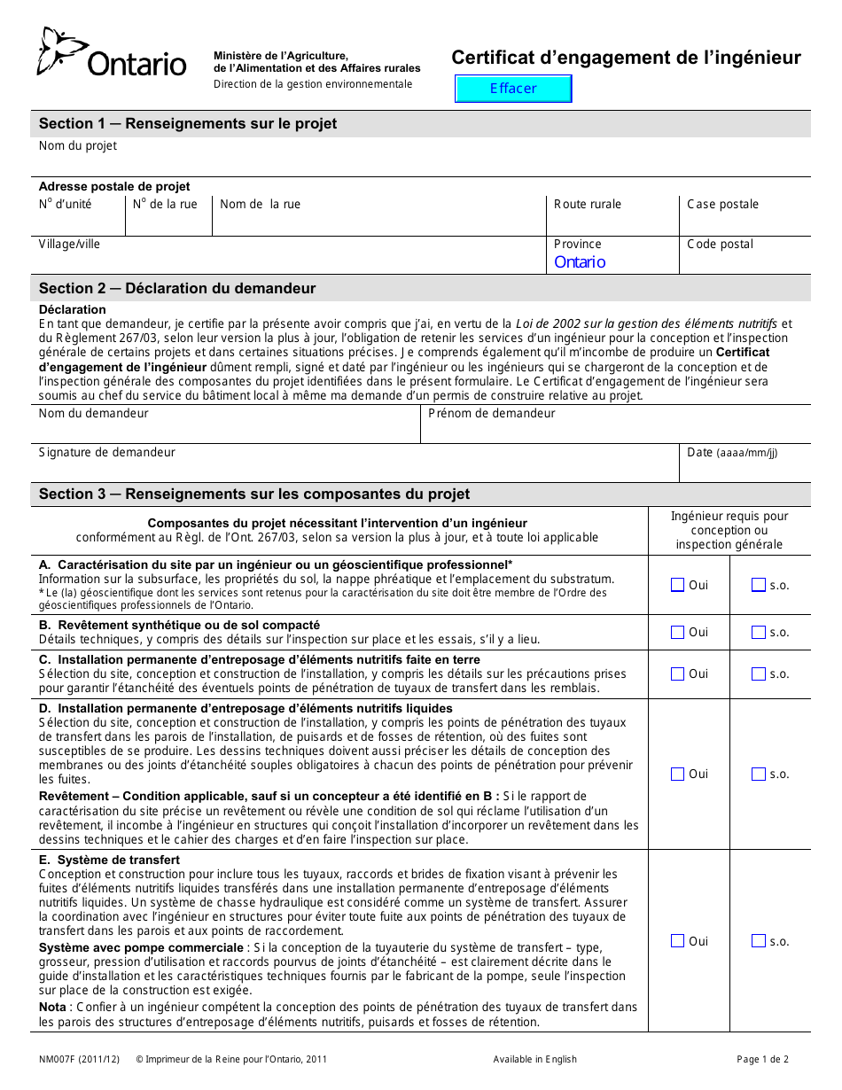 Forme NM007F Certificat Dengagement De Lingenieur - Ontario, Canada (French), Page 1