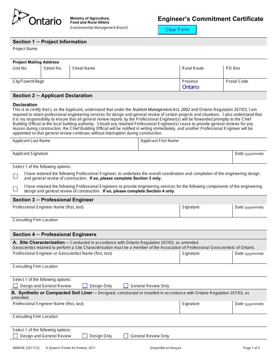 Form NM004E Engineers Commitment Certificate - Ontario, Canada, Page 1
