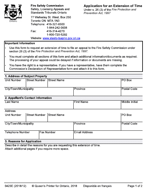 Form 0423E Application for an Extension of Time - Ontario, Canada