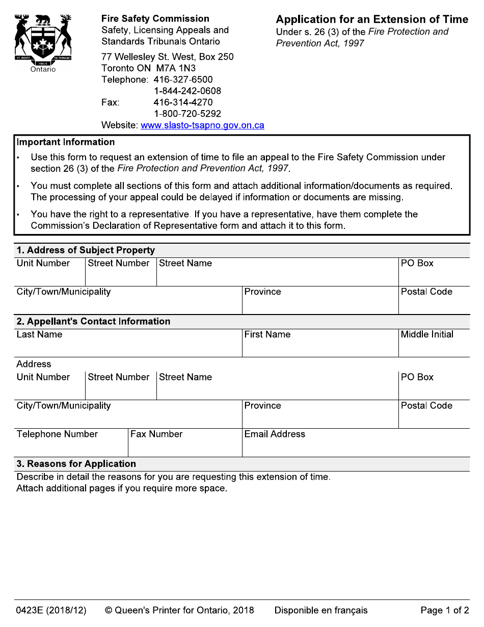 Form 0423E Application for an Extension of Time - Ontario, Canada, Page 1