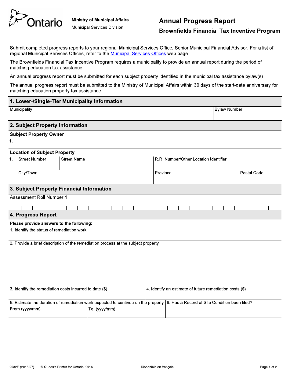 Form 2032E Brownfields Financial Tax Incentive Program Annual Progress Report - Ontario, Canada, Page 1